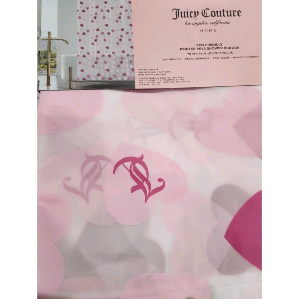 New Juicy Couture Home Pink Red Hearts Logo Eco PEVA Shower Curtain Liner Y2K